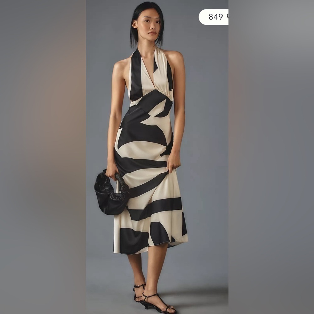 Anthropologie Black and Cream Backless Halter Midi Dress